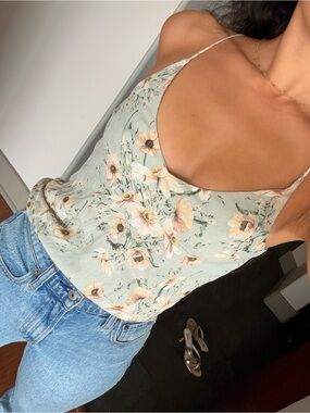 Floral Scoop Neck Spaghetti Strap Cami Top - Light Sage